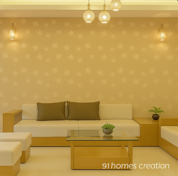 Beige Floral Living Room with wooden sofa and glass coffee table