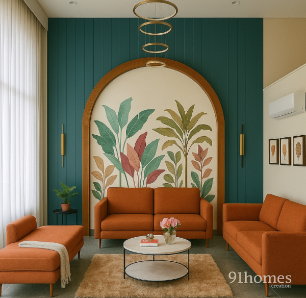 Teal Arch Mural Living Room with round chandelier and marble table