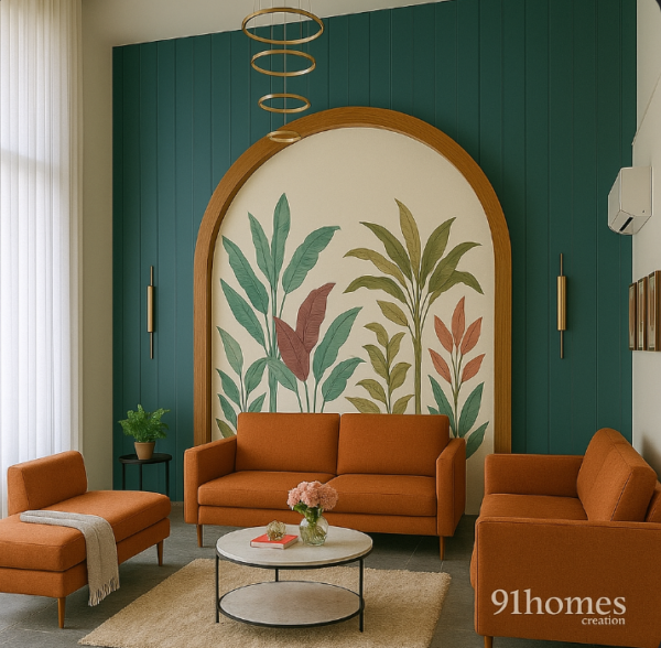 Modern teal and wood accent wall with tropical mural and orange velvet sofas