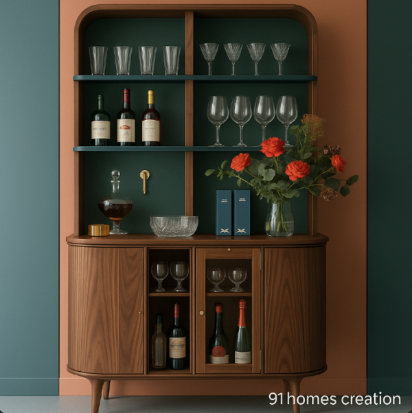 Curved Walnut Bar cabinet with curved edges and glass shelves against terracotta and teal wall