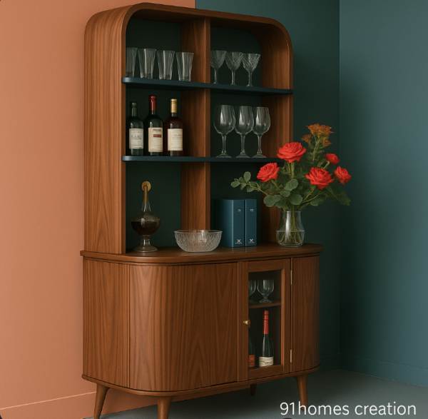 Modern wooden liquor cabinet with glassware, wine bottles, and floral decor in a luxury setup