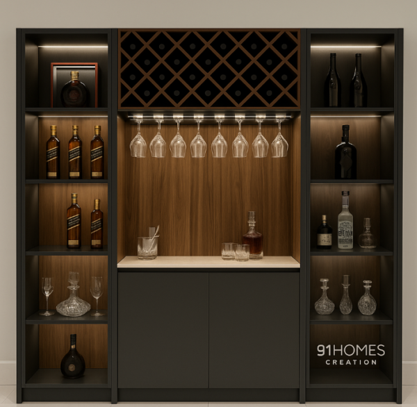 Matte Black and Walnut Bar with matte black finish, wood panel back, and glassware storage