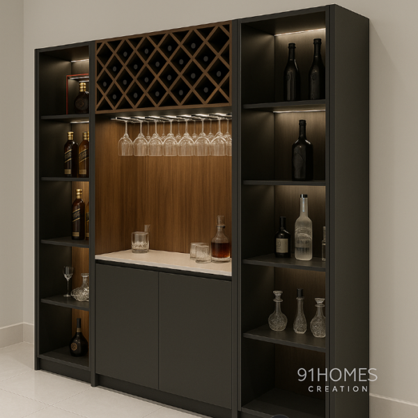 Modern black and walnut bar cabinet with wine rack, glass shelves, and quartz top