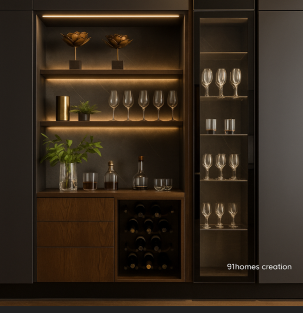 Matte Black and Walnut Bar Unit with LED lighting and wine glass shelves.