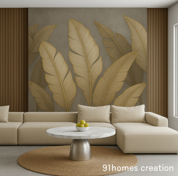 Beige Velvet Sofa with Gold Leaf Mural Wall with beige velvet L-shaped sofa, banana leaf wall mural, and round marble coffee table on jute rug