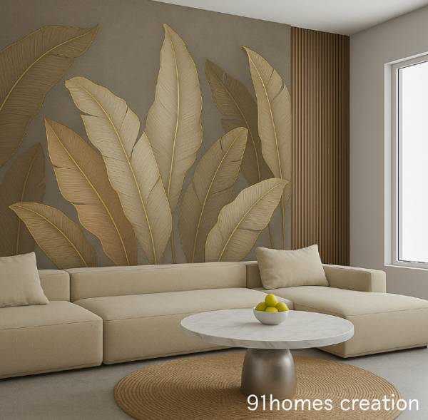 Neutral tone contemporary interior featuring gold-accented leaf wallpaper, minimalist cream sectional, and sleek silver base table