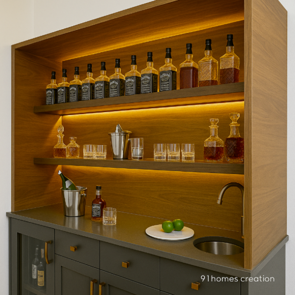 Built-in bar unit with walnut finish, glass shelves, and matte black drawers.