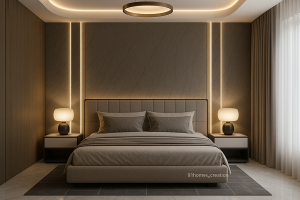Taupe Upholstered Bed with Fluted Bed Back Wall & LEDs