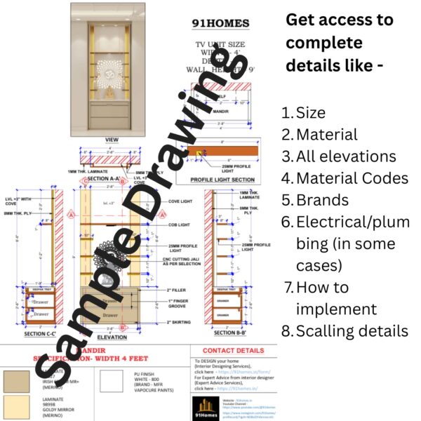 Elegant home mandir design featuring decorative wall panel and drawers