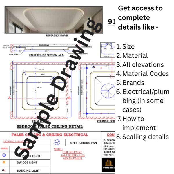 Luxury interior false ceiling with rounded rectangular design and suspended LED fixture