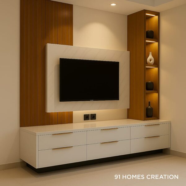 clean-line tv unit with vertical wood panel and open shelf display