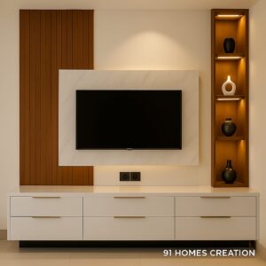 clean-line tv unit with matte white drawers and brass handles