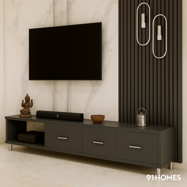 Wall-mounted Grey and Marble TV Unit with LED lighting and brass accents.