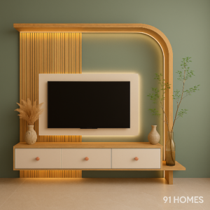 Wall mounted tv console with curved wood frame and matte white drawers.