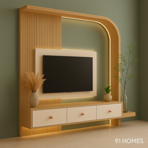 Floating wall mounted tv console with dual-tone finish and sleek storage.