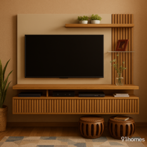 Modern Fluted Edge Media Console with vertical slats, matte beige paneling, and warm oak wood finish in a cozy living room