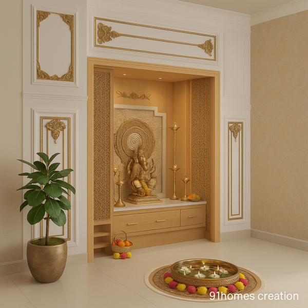 Luxurious pooja unit in white and gold with Ganesha idol and lamps
