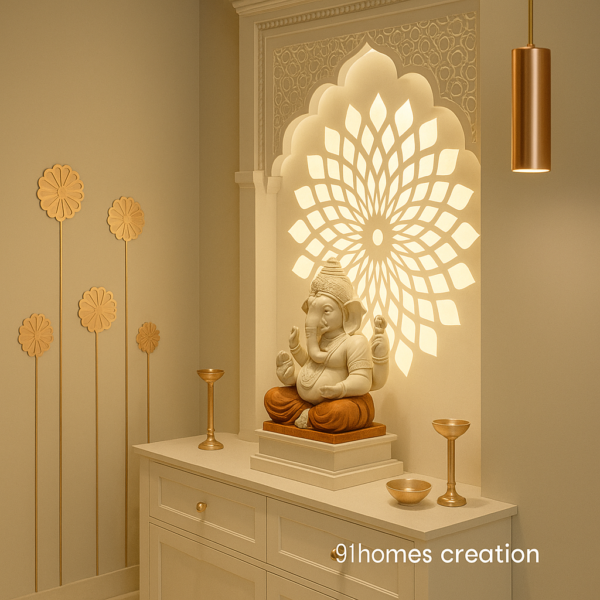 Wall-mounted pooja unit with Ganesha idol and brass decor in apartment setting
