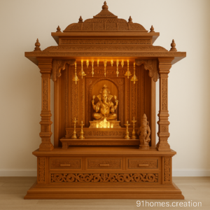 Large size temple unit for Indian homes with carved wood and lighting