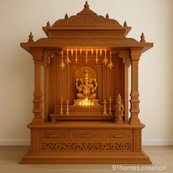 Large size temple unit for Indian homes with carved wood and lighting