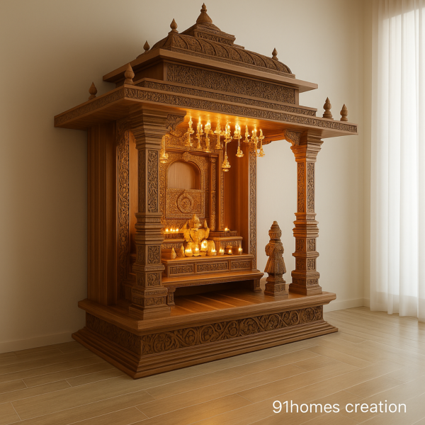 Floor-mounted wooden mandir with brass idol and traditional décor