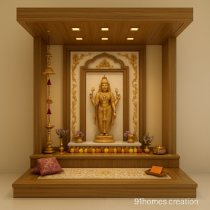 Sitting style mandir design for Indian homes with platform and lights