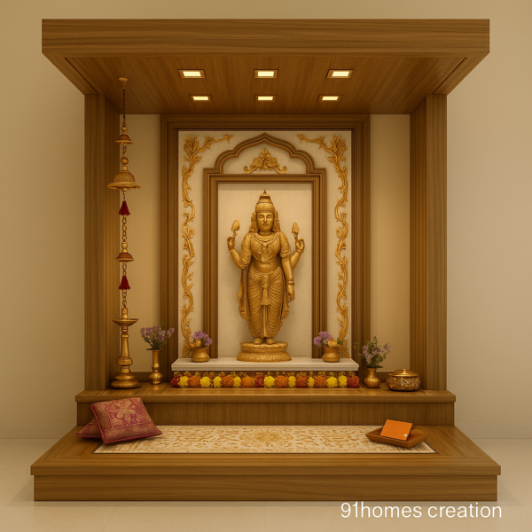 Sitting style mandir design for Indian homes with platform and lights