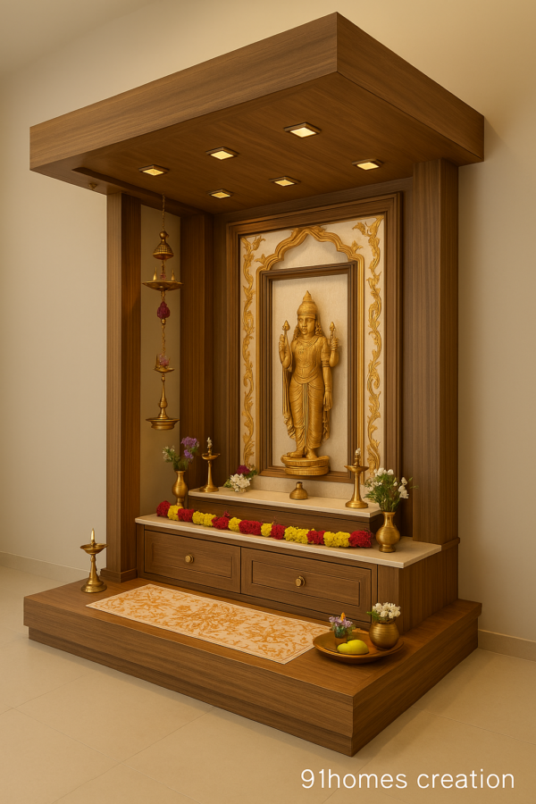 Wooden mandir unit with back panel for seated pooja
