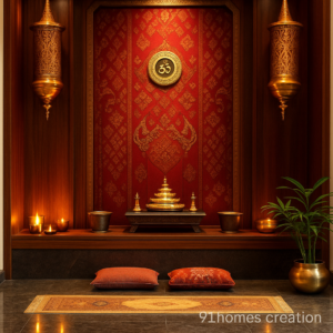 Luxury home temple design with Om panel and red backdrop and brass Om panel