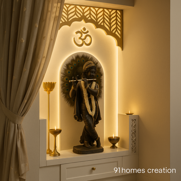 Modern wall-mounted Krishna pooja unit with floral decor and drawers