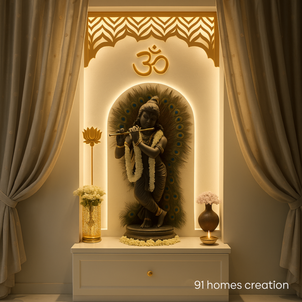 Elegant Krishna Mandir Design for Indian Homes with peacock feather backdrop and golden lights