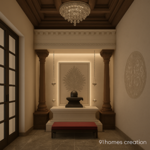 Modern Shivling Mandir Design for Indian Homes with wooden columns and marble base