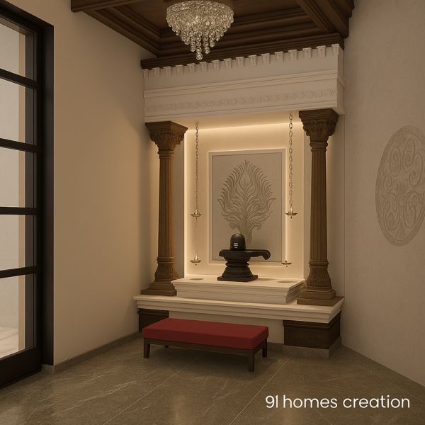 Elegant Shivling temple setup featuring brass lamps and chandelier
