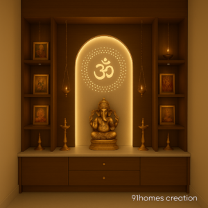 Golden Ganpati home temple design with Om light panel