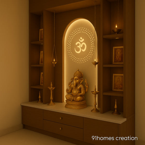 Wooden home temple with brass diyas and Ganesha idol