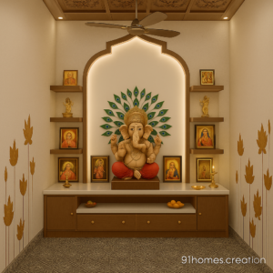 Wooden Ganesh Mandir for Indian Homes with Peacock Panel