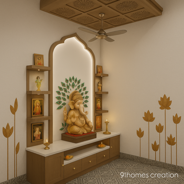Elegant home temple in wood with Ganesha statue and arch