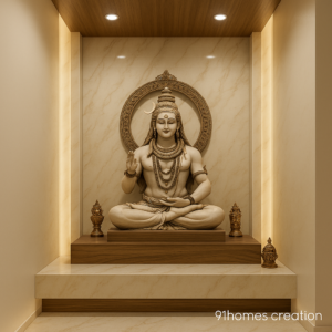 Lord Shiva home temple design with marble finish and wooden ceiling