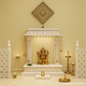 Space-efficient temple design for Indian homes with brass deity for Indian homes