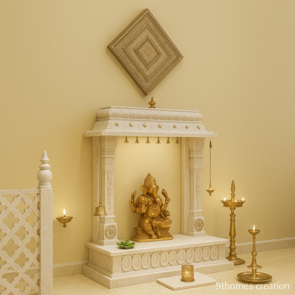 Compact carved mandir unit with beige backdrop and brass accents