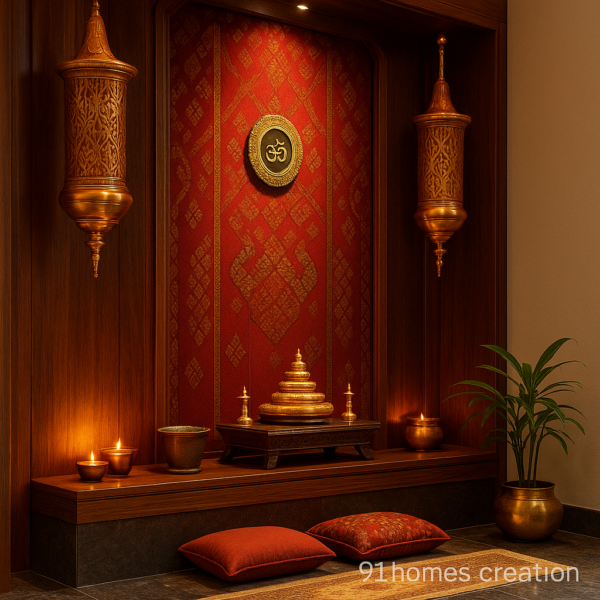 Traditional pooja room setup with gold decor and red wall