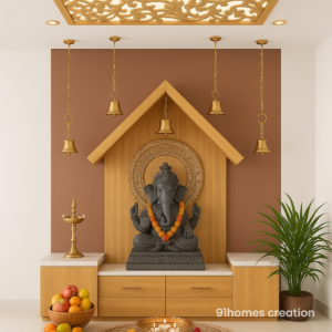 Hut style wooden mandir design with Ganesha idol and brass bells