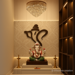 Luxury Ganesha mandir design with beige wallpaper and brass lamps