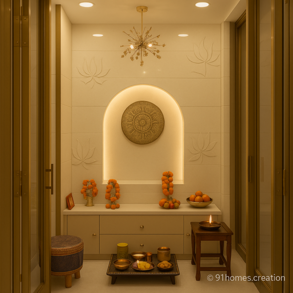 Elegant home temple featuring white marble finish and backlit panel