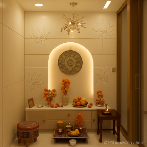 Modern marble mandir design for indian homes with golden lights and lotus carvings