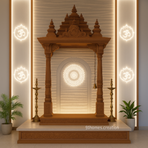Classic Indian style mandir design with backlit Om and wooden carvings