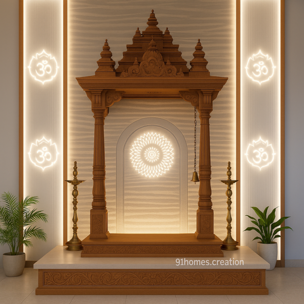 Classic Indian style mandir design with backlit Om and wooden carvings