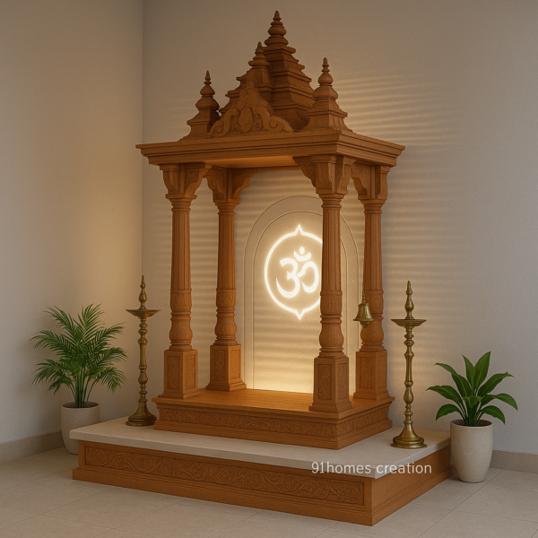 Handcrafted wooden pooja unit in brown finish for Indian homes