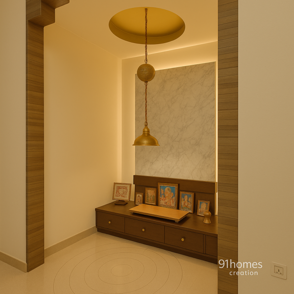 Square-shaped pooja unit with golden hanging lamp and brown drawers