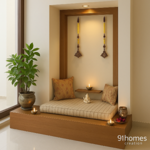 Compact wooden floor seating mandir design with soft cushions and diya lights